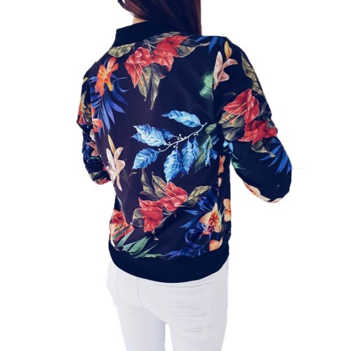 Retro Style Front Zipper Floral Printed Women Jacket - Blue image