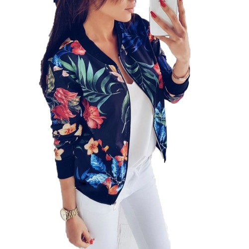 Retro Style Front Zipper Floral Printed Women Jacket - Blue image