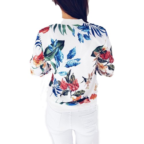 Retro Style Front Zipper Floral Printed Women Jacket - White image