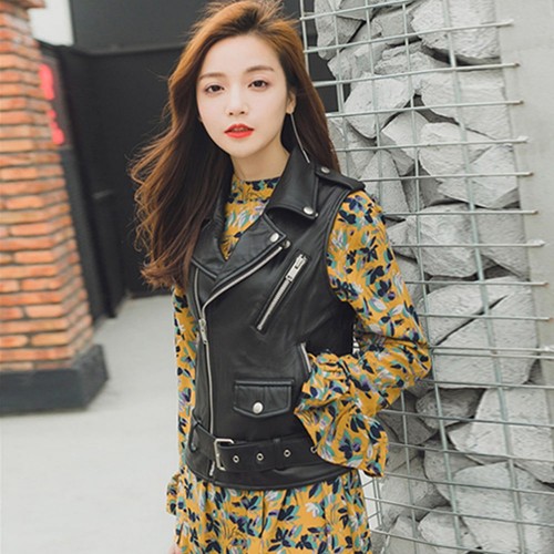 Sleeveless Casual Women's Leather Jacket - Black image