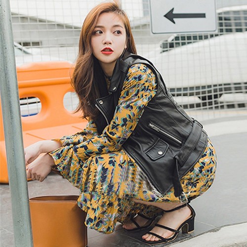 Sleeveless Casual Women's Leather Jacket - Black image