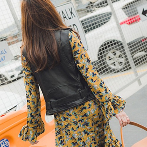 Sleeveless Casual Women's Leather Jacket - Black image