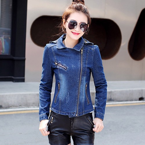 Front Zip Round Collar Denim Winter Jacket - Dark Blue image