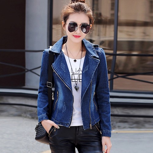 Front Zip Round Collar Denim Winter Jacket - Dark Blue image