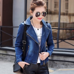 Front Zip Round Collar Denim Winter Jacket - Dark Blue