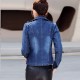 Front Zip Round Collar Denim Winter Jacket - Dark Blue image