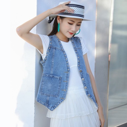 Retro Cowboy Style Women’s Denim Rivet Jacket - Blue image