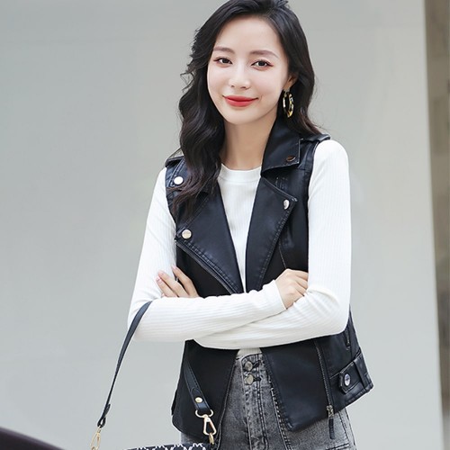 Sleeveless Front Zip Slim Fit Design Leather Jacket - Black image
