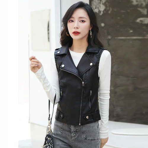Sleeveless Front Zip Slim Fit Design Leather Jacket - Black image
