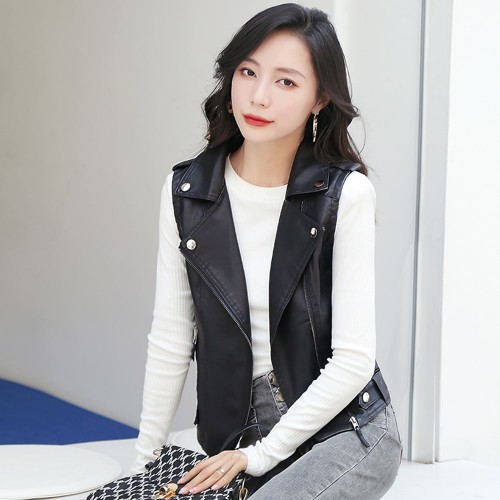Sleeveless Front Zip Slim Fit Design Leather Jacket - Black image