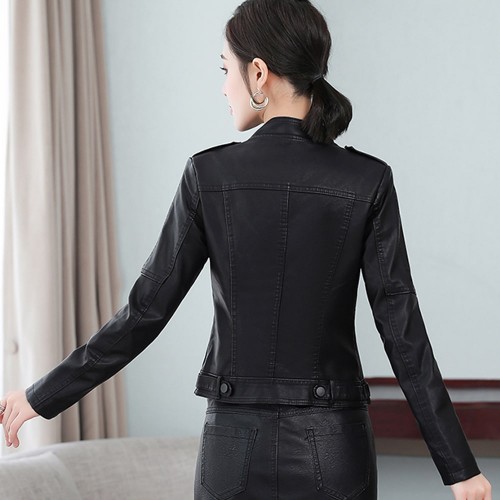 Full Sleeves Stand Up Collar Leather Fashion Jacket - Black image