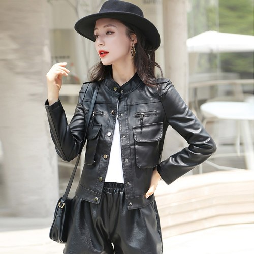 Front Button Closure Full Sleeves Leather Jacket - Black image