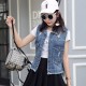 Sleeveless Button Down Ripped Women's Denim Jacket - Blue image