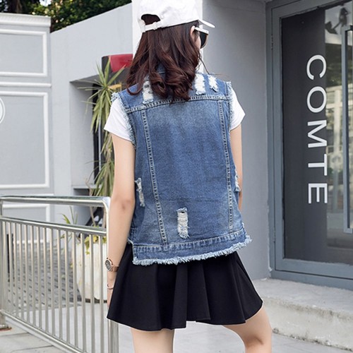 Sleeveless Button Down Ripped Women's Denim Jacket - Blue image