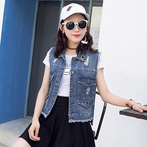 Sleeveless Button Down Ripped Women's Denim Jacket - Blue image