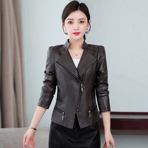  Biker Style Stand Up Collar Short Leather Jacket - Black image