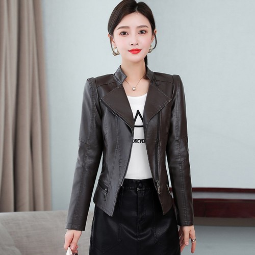  Biker Style Stand Up Collar Short Leather Jacket - Black image