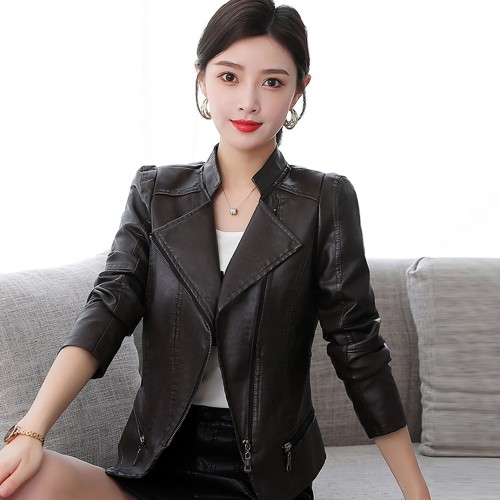  Biker Style Stand Up Collar Short Leather Jacket - Black image