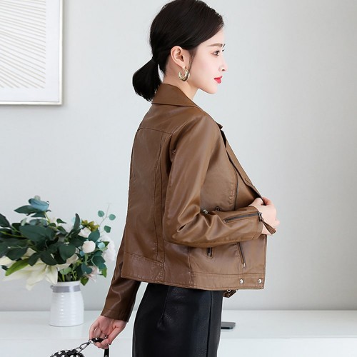 Zip Front Full Sleeved Casual PU Leather Jacket- Brown image