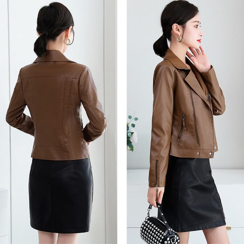 Zip Front Full Sleeved Casual PU Leather Jacket- Brown image