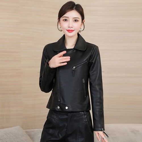 Zip Front Full Sleeved Casual PU Leather Jacket- Black image