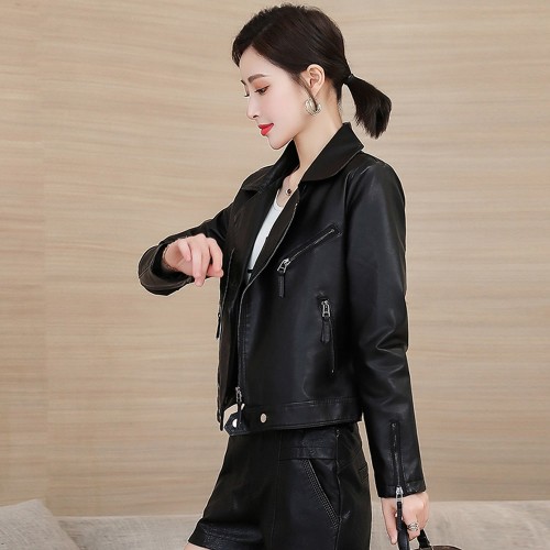 Zip Front Full Sleeved Casual PU Leather Jacket- Black image