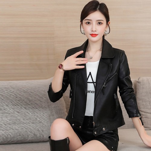 Zip Front Full Sleeved Casual PU Leather Jacket- Black image