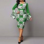 Round Neck Bell Sleeves Midi Skirt Casual Dress - Green
