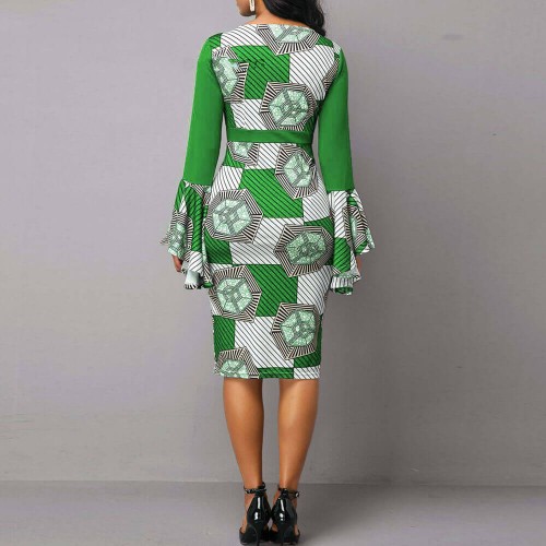 Round Neck Bell Sleeves Midi Skirt Casual Dress - Green image