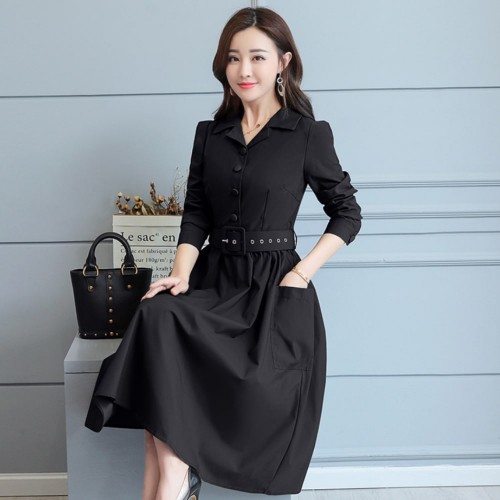 Classic Collared Lapel Waist Belted Mid Skirt Dress - Black image