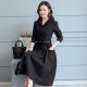 Classic Collared Lapel Waist Belted Mid Skirt Dress - Black image