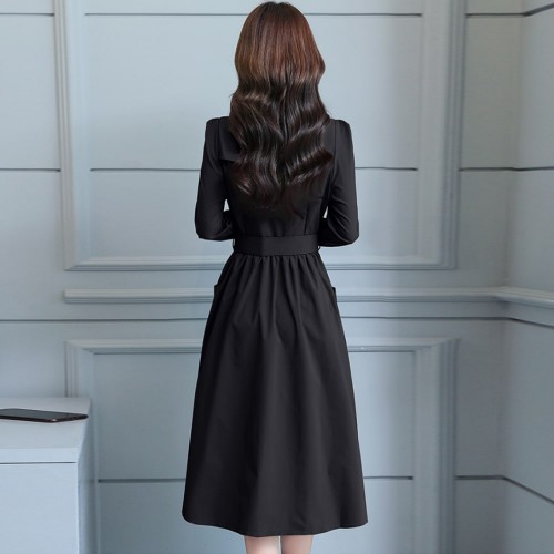 Classic Collared Lapel Waist Belted Mid Skirt Dress - Black image