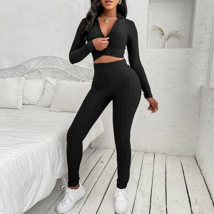 Full Sleeve Knitted Texture Two Piece Sportswear - Black