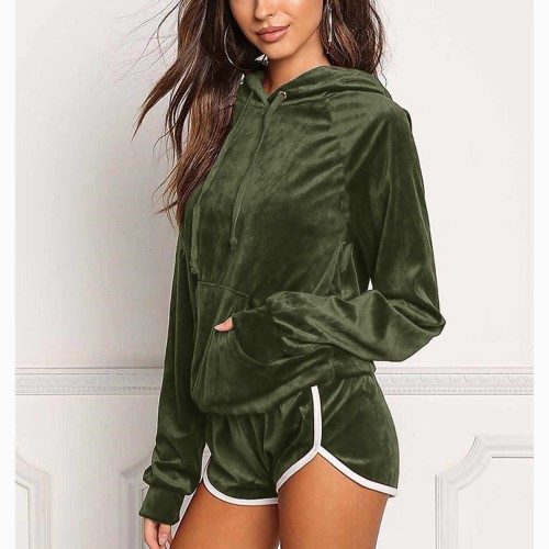Full Sleeved Velvet Hooded Two Piece Short Hoodie Set - Green image