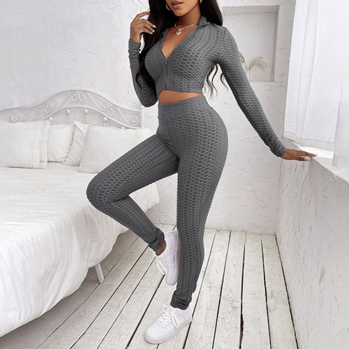 Full Sleeve Knitted Texture Two Piece Sportswear - Grey image