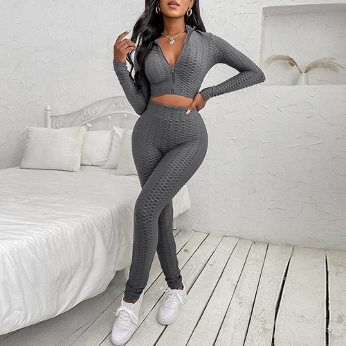 Full Sleeve Knitted Texture Two Piece Sportswear - Grey image