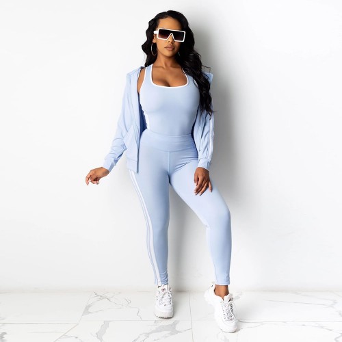 Three Piece Zipper Closure Hoodie Tracksuit Set - Light Blue image