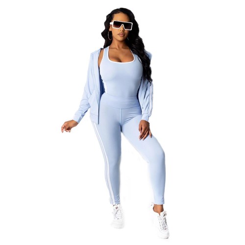 Three Piece Zipper Closure Hoodie Tracksuit Set - Light Blue image