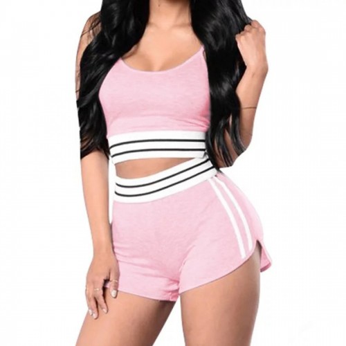 Elastic Waist Spaghetti Strap Two Piece Short Suit - Pink image