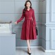 Classic Collared Lapel Waist Belted Mid Skirt Dress - Red image