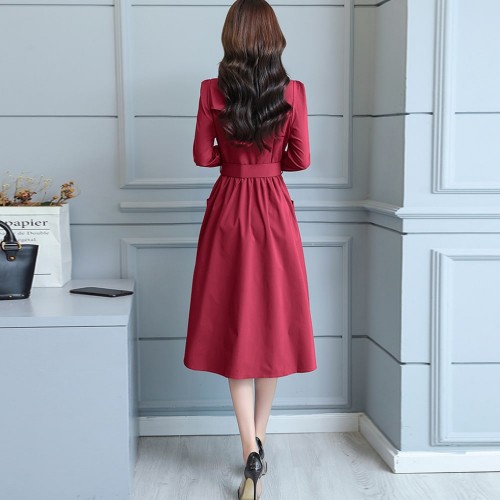 Classic Collared Lapel Waist Belted Mid Skirt Dress - Red image