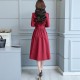 Classic Collared Lapel Waist Belted Mid Skirt Dress - Red image