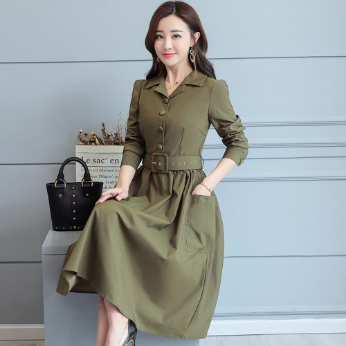 Classic Collared Lapel Waist Belted Mid Skirt Dress - Green image