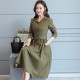 Classic Collared Lapel Waist Belted Mid Skirt Dress - Green image