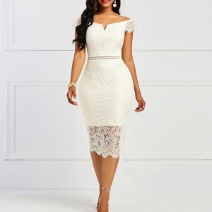 Off Shoulder Body-con Knee Length Women's Lace Dress - Cream