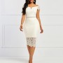 Off Shoulder Body-con Knee Length Women's Lace Dress - Cream