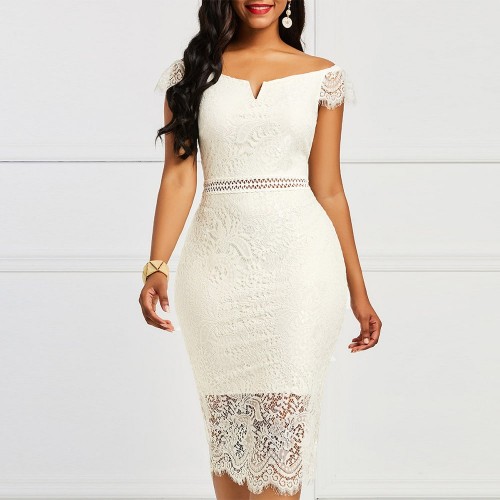Off Shoulder Body-con Knee Length Women's Lace Dress - Cream image