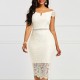 Off Shoulder Body-con Knee Length Women's Lace Dress - Cream image