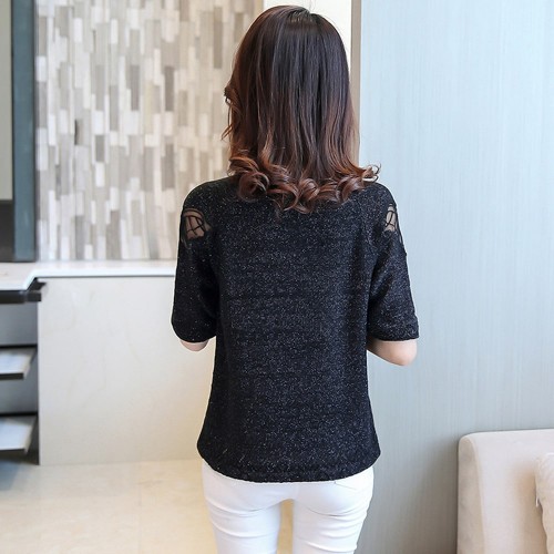 Short Sleeve Round Collar Knitted Winter Top - Black image