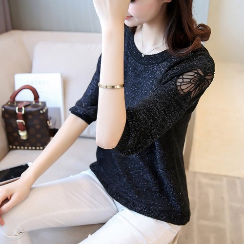 Short Sleeve Round Collar Knitted Winter Top - Black image